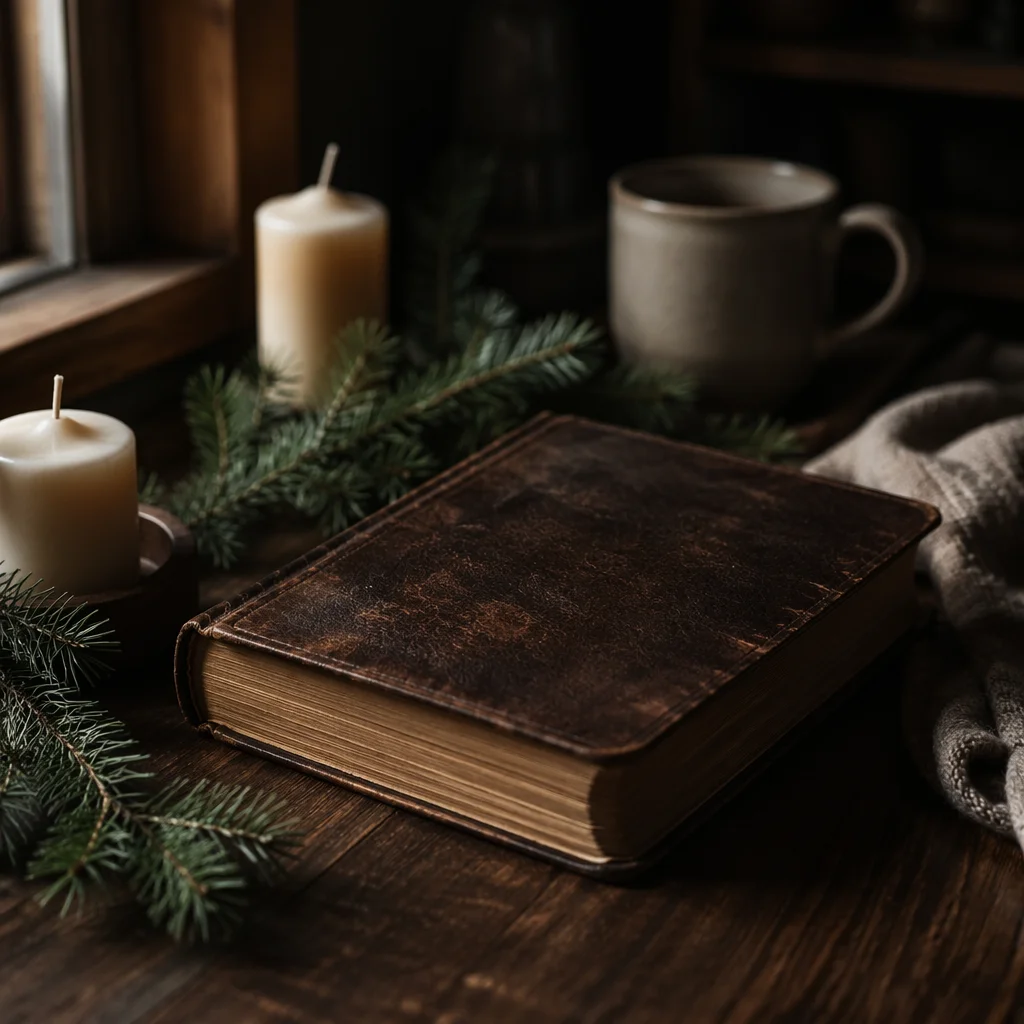 Leather Bible on Dark Walnut Table