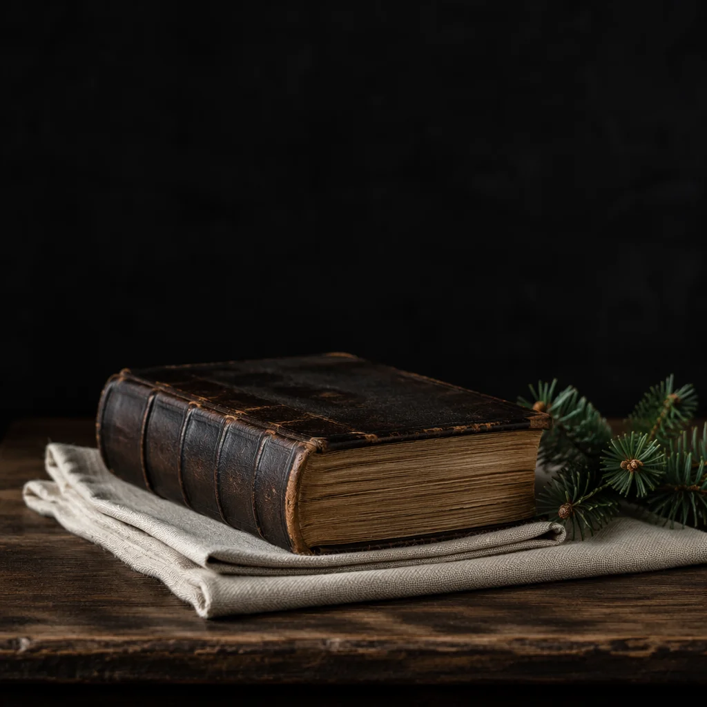 Worn Leather Bible on Dark Walnut