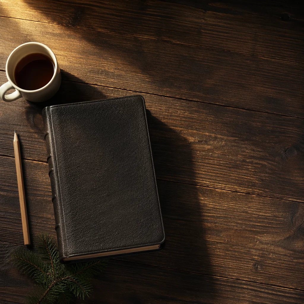 Leather Bible on Rustic Wood with Evergreen