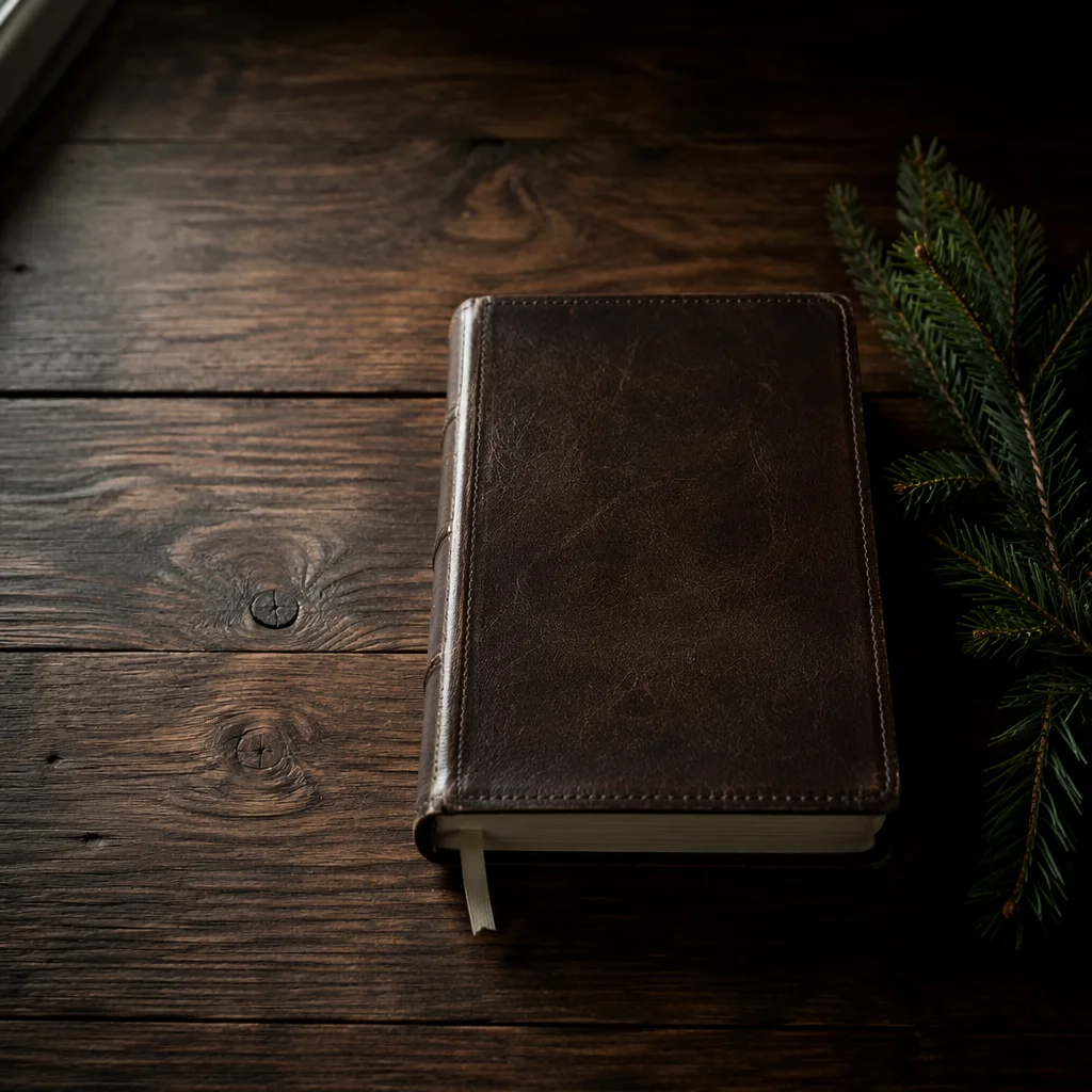 Leather Bible on Dark Wood Table