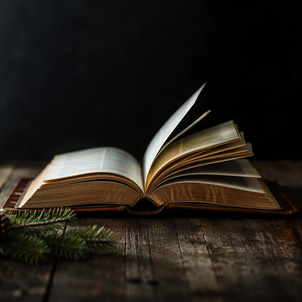 Open Leather Bible on Dark Wood
