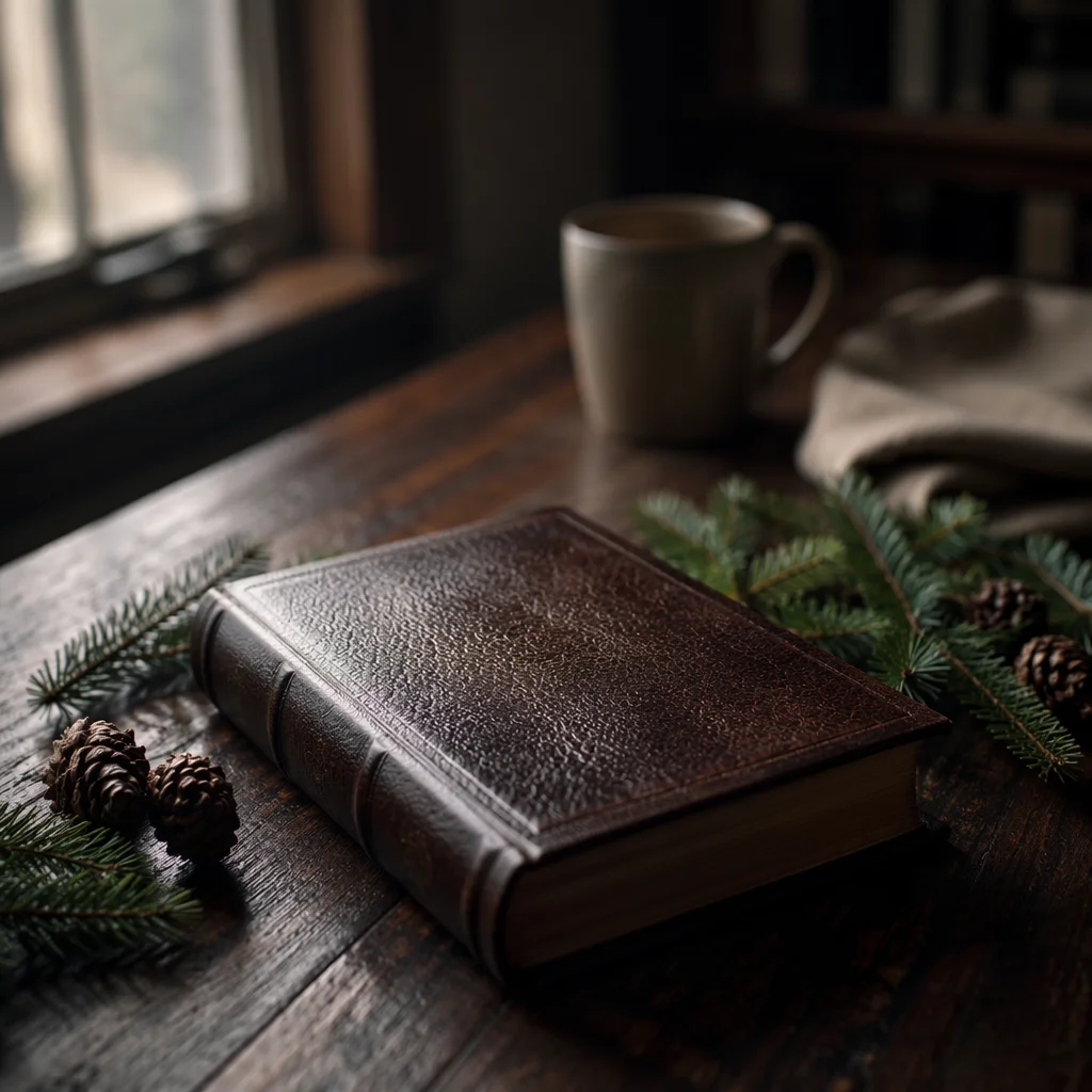 Leather Bible on Dark Walnut Table