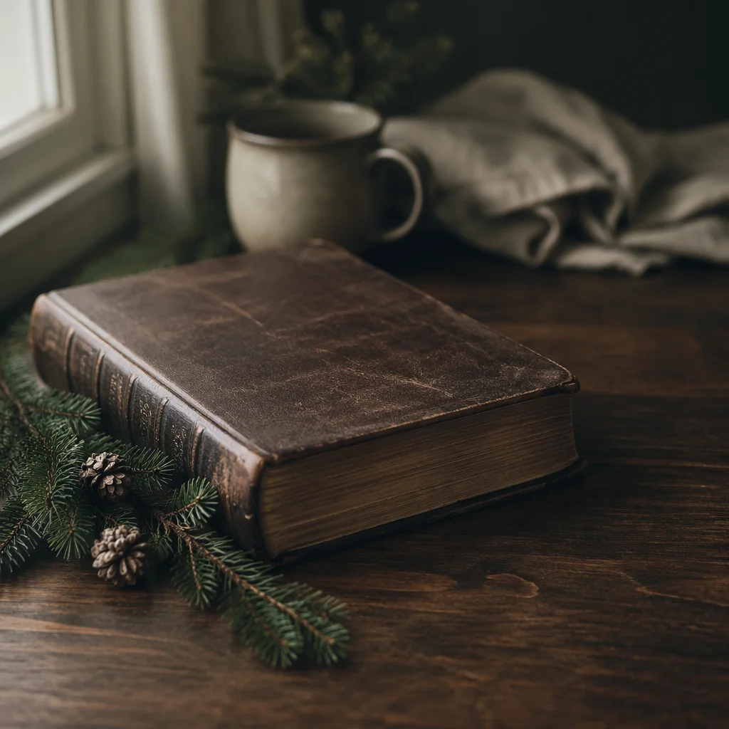 Leather Bible on Dark Walnut Table