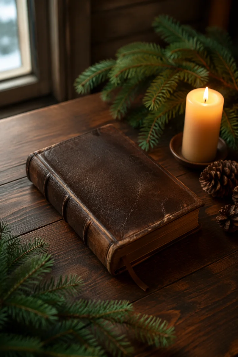 Leather Bible with Evergreen and Candlelight