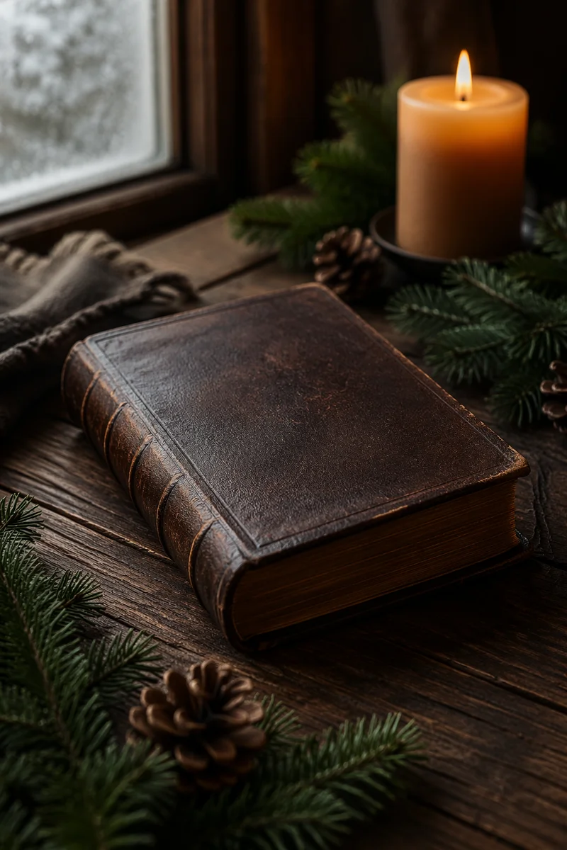 Leather Bible with Evergreen Winter Candlelight