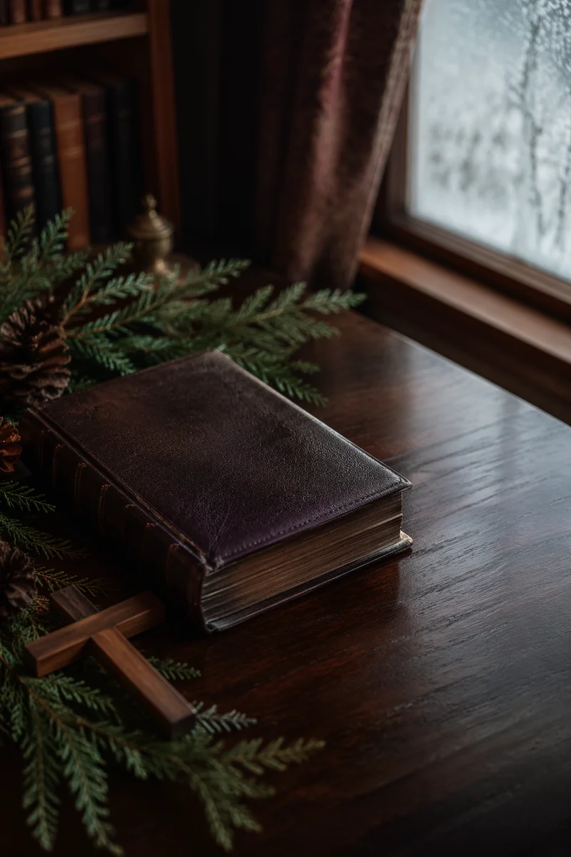 Leather Bible on Evergreen Winter Table