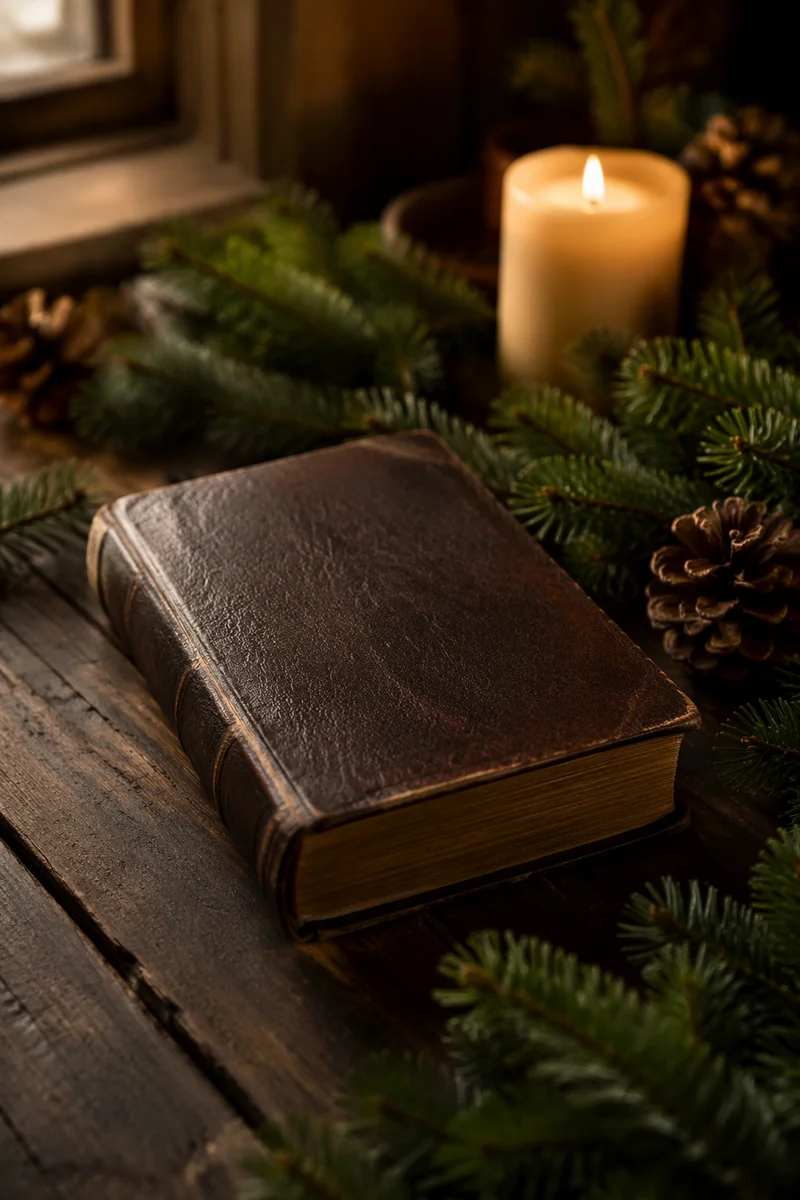 Leather Bible with Evergreen on Dark Wood
