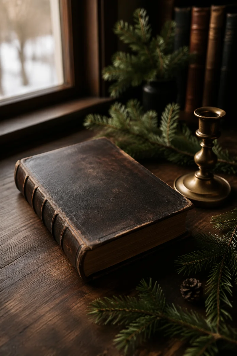 Worn Leather Bible with Evergreen Accents