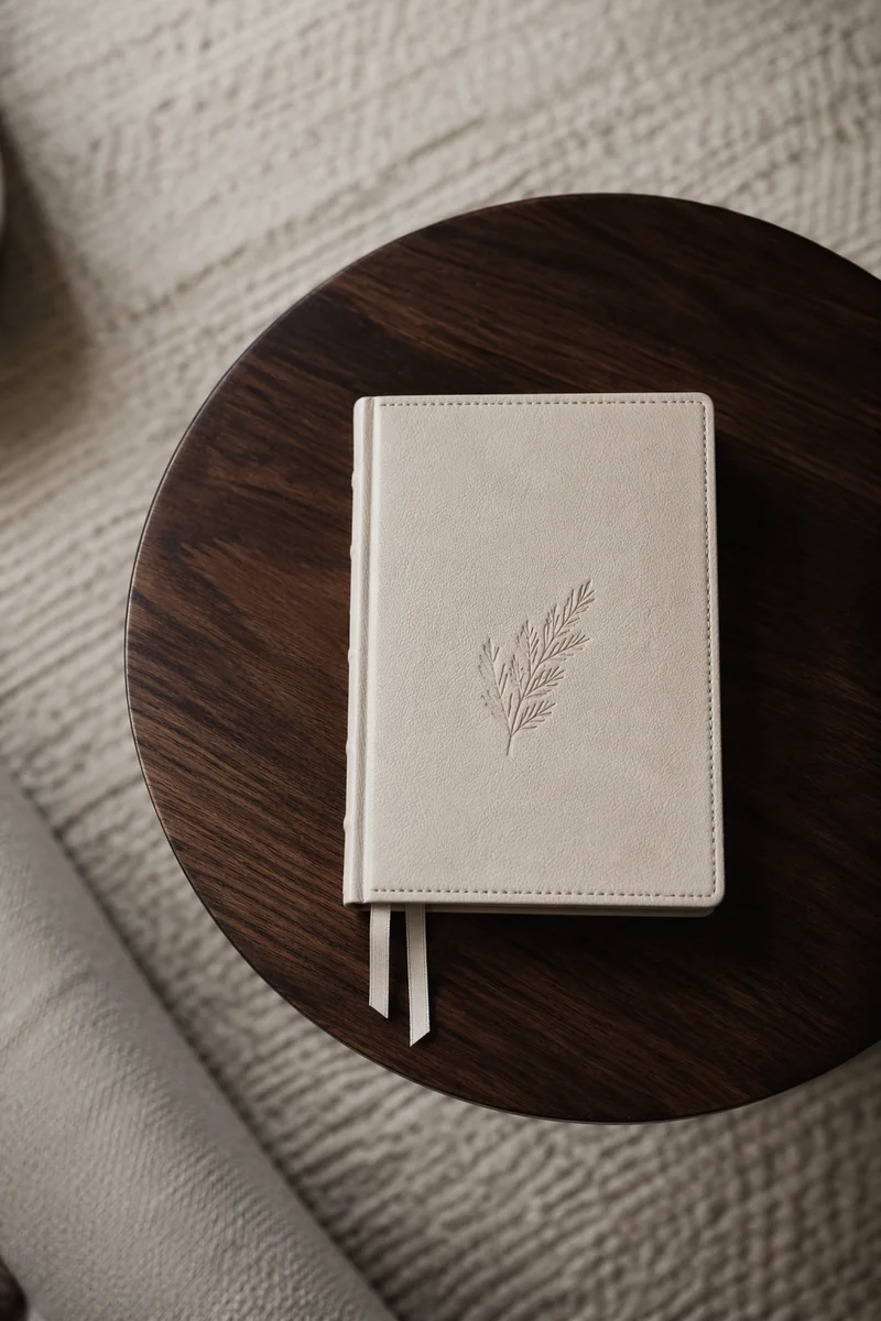 Leather Bible on Dark Walnut Table