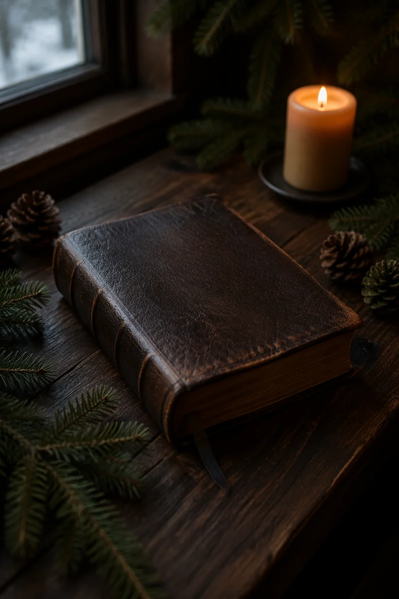 Leather Bible on Dark Walnut with Evergreens