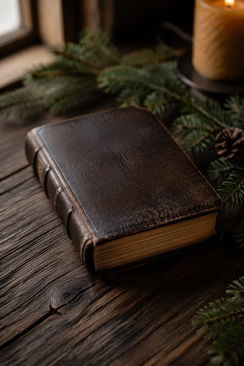 Leather Bible on Evergreen Wooden Table