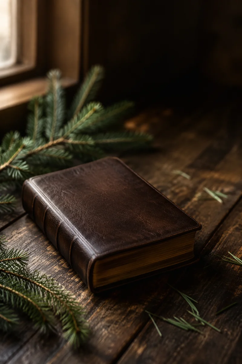 Leather Bible with Evergreen on Dark Wood