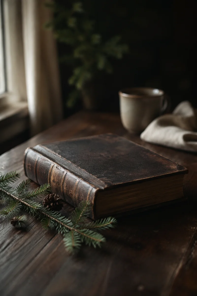 Leather Bible on Dark Walnut Table