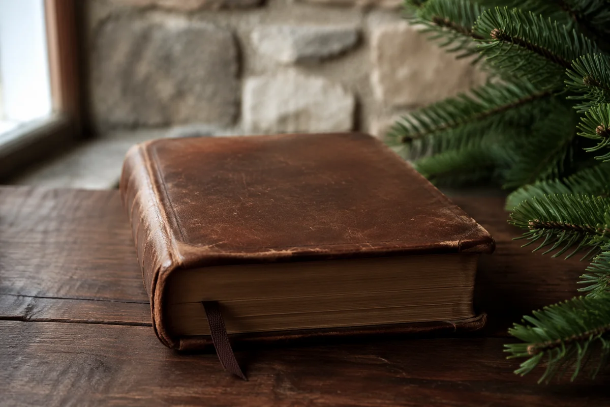 Weathered Leather Bible on Dark Walnut