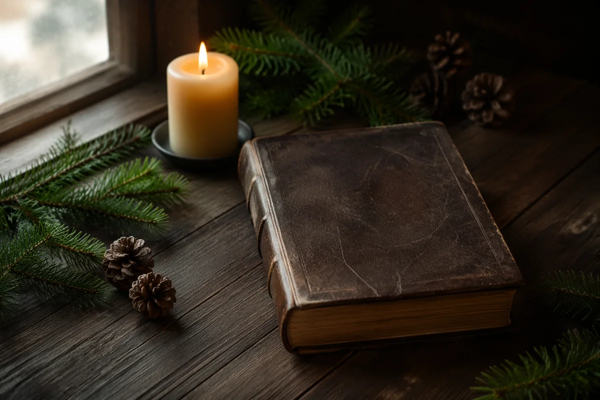 Worn Leather Bible with Evergreen and Candle