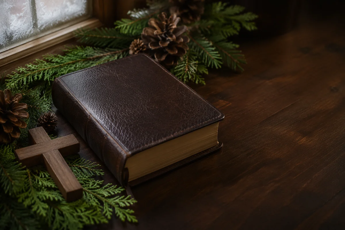 Leather Bible with Evergreen on Dark Wood