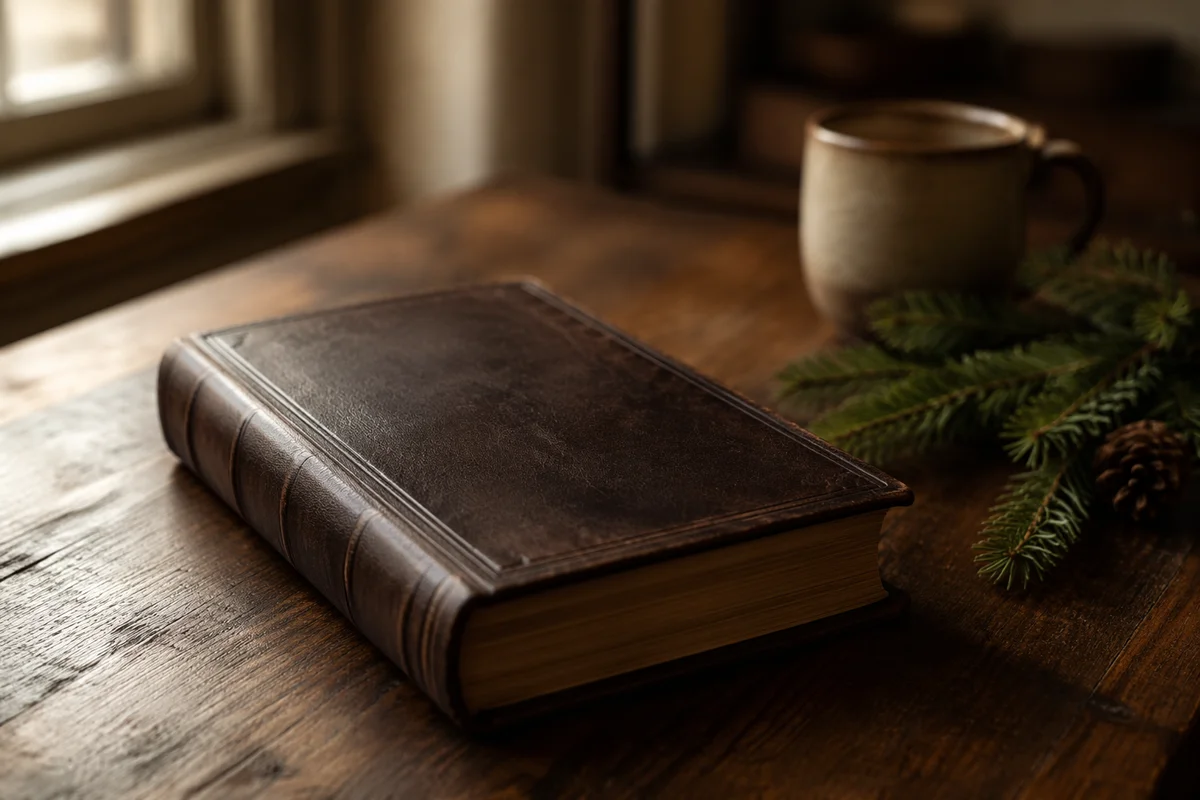 Leather Bible with Evergreen on Dark Walnut