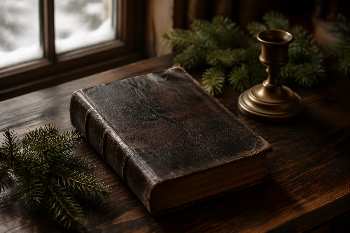 Leather Bible with Evergreen on Walnut Table