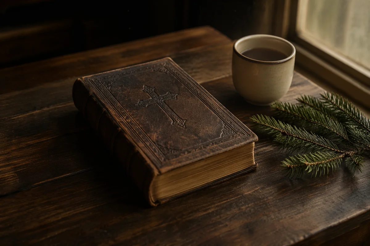 Leather Bible on Dark Walnut Table