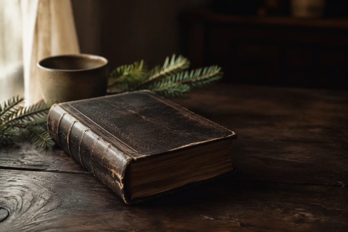 Weathered Leather Bible on Dark Walnut Table
