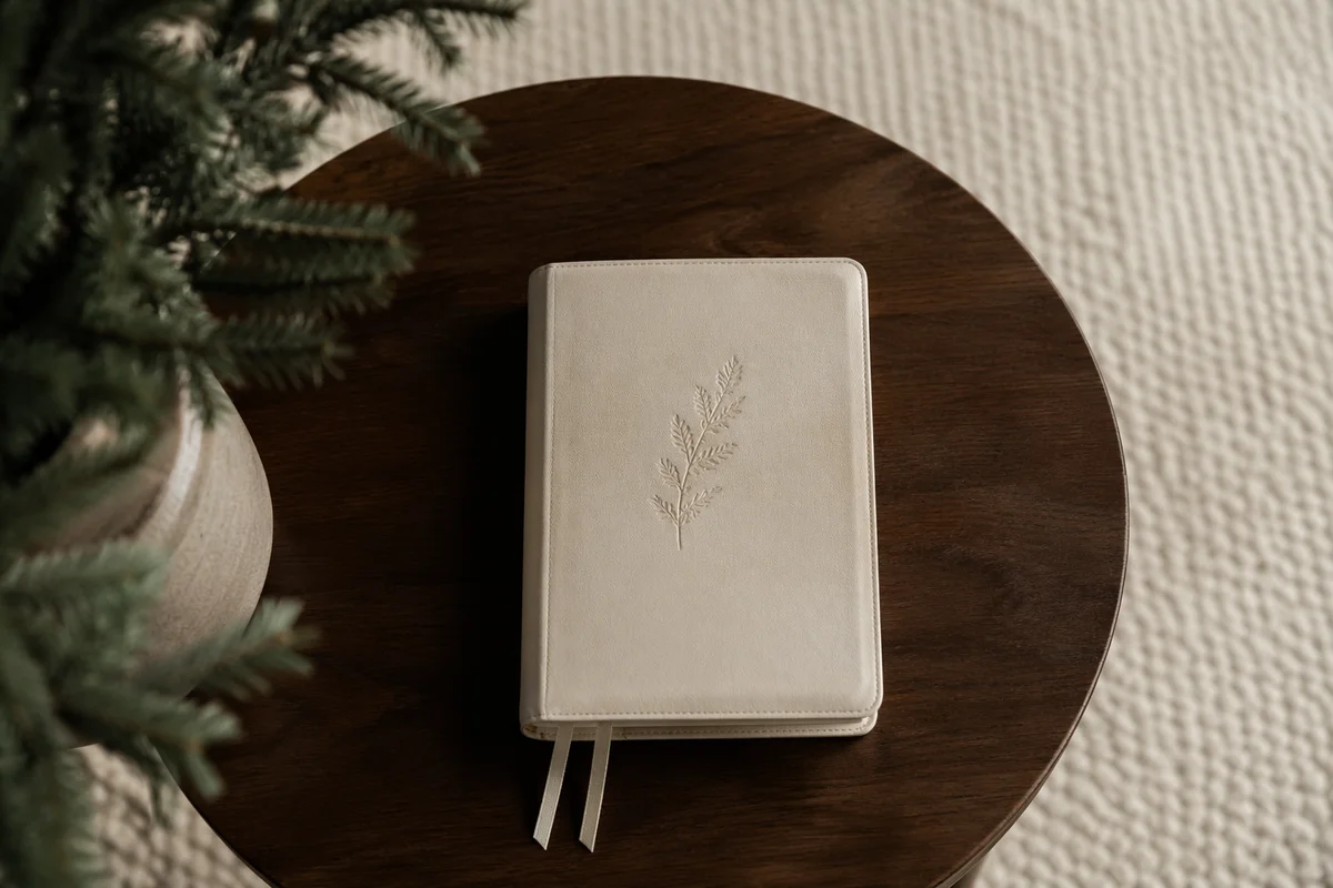 Leather Bible on Dark Walnut Table