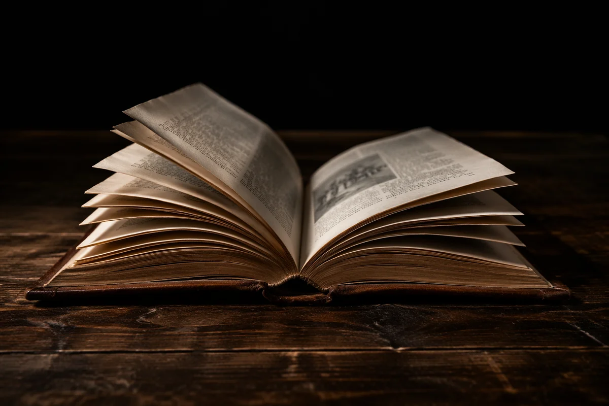 Open Leather Bible on Rustic Dark Wood
