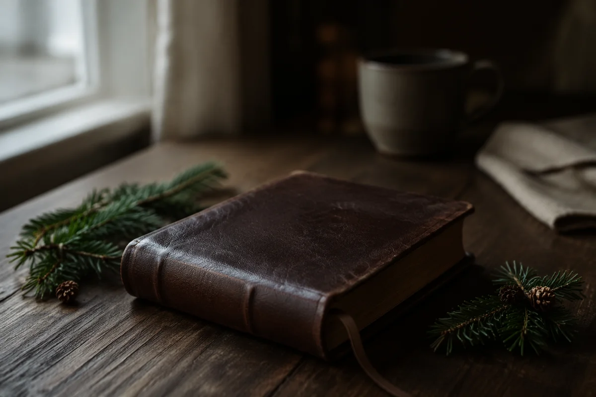 Leather Bible on Dark Walnut Table