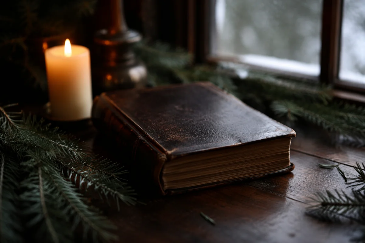 Leather Bible with Evergreen and Candlelight