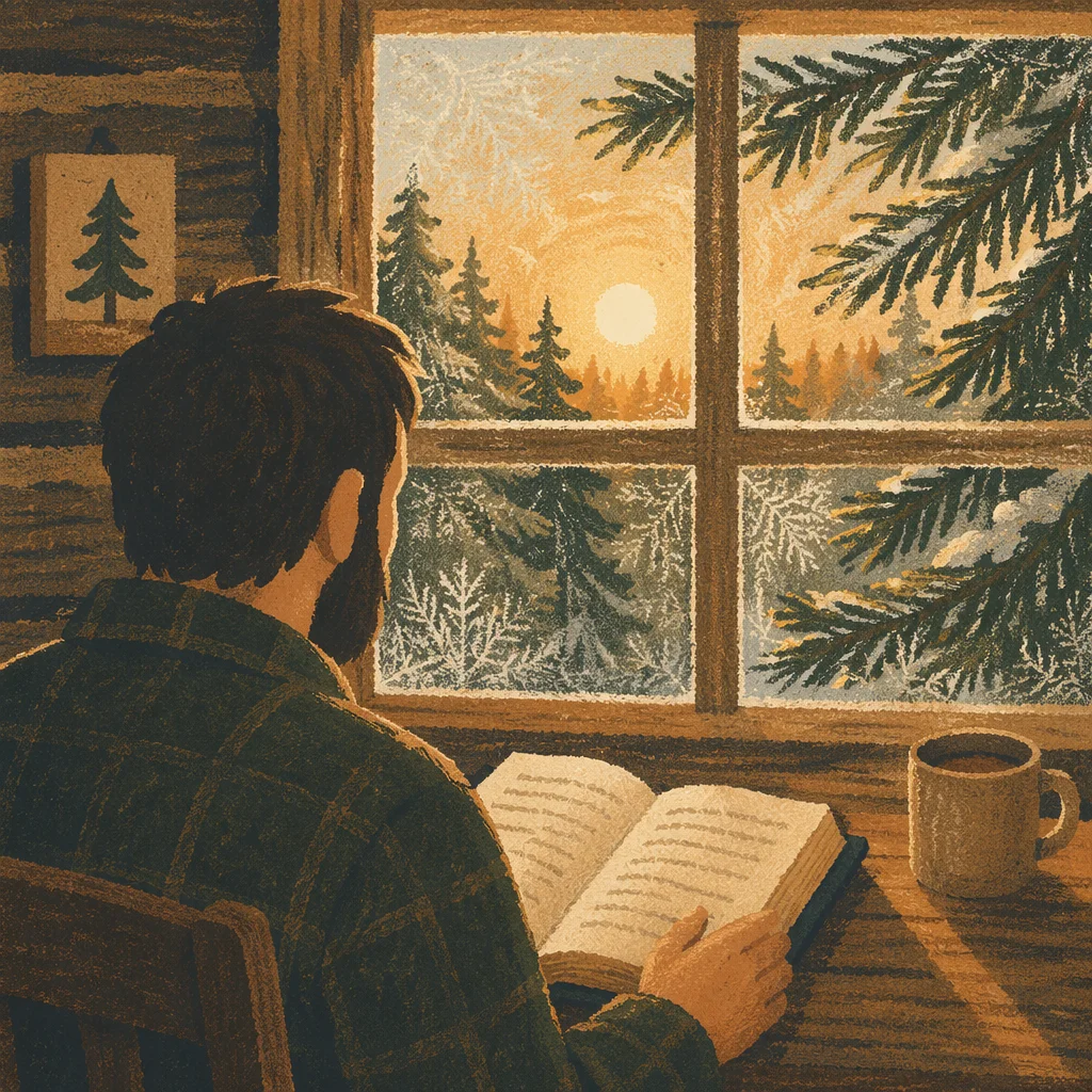 Morning Bible Reading by Evergreen Cabin Window