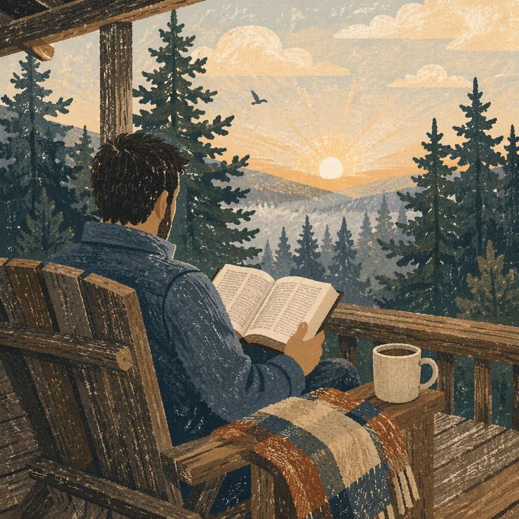 Morning Bible Reading on Evergreen Porch