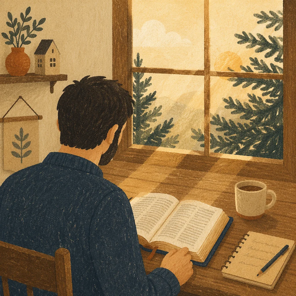 Morning Bible Reading by Evergreen Window