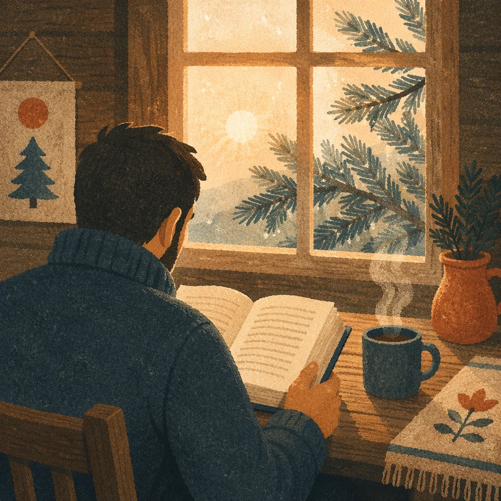 Man Reading Bible in Evergreen Morning Light