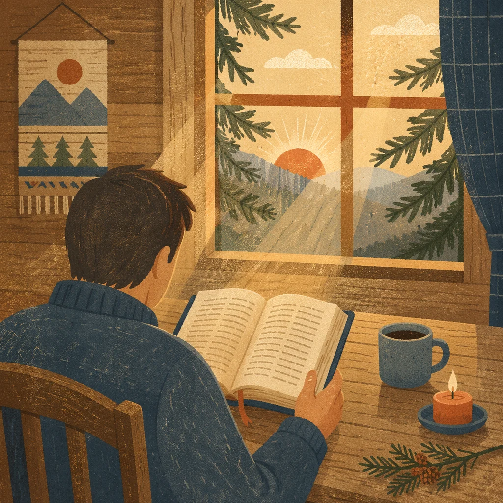 Man Reading Bible in Morning Cabin Light