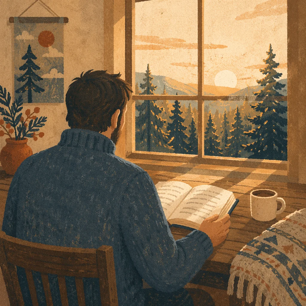Man Reading Bible in Morning Cabin Light