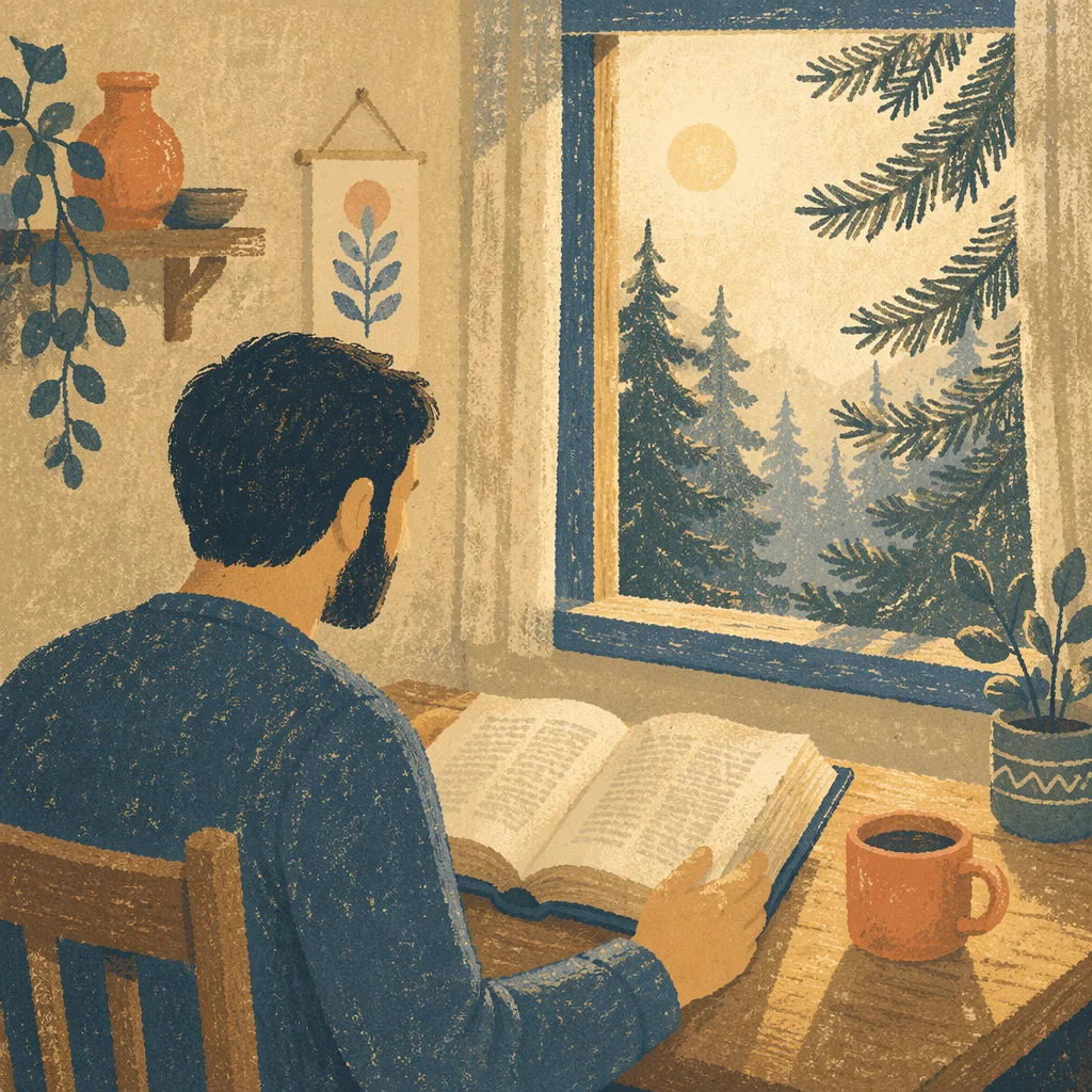Morning Bible Reading by Evergreen Window