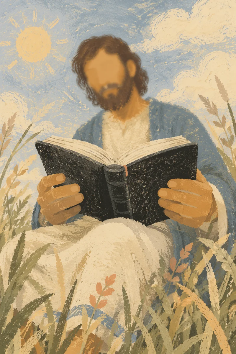 Man Reading Bible in Morning Meadow Light