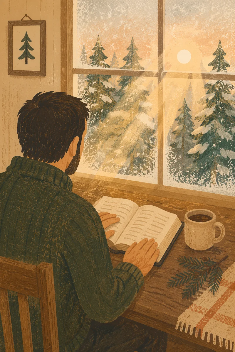 Morning Bible Reading by Evergreen Window