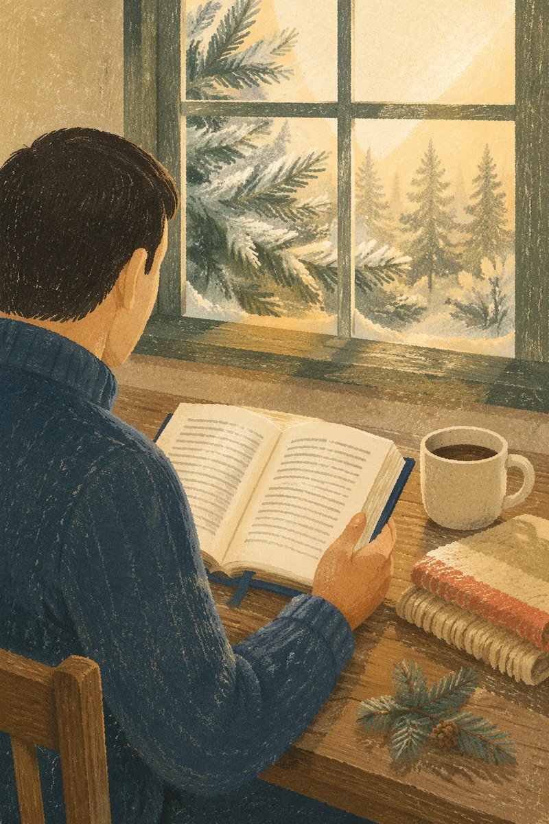 Morning Bible Reading by Frosted Evergreen Window
