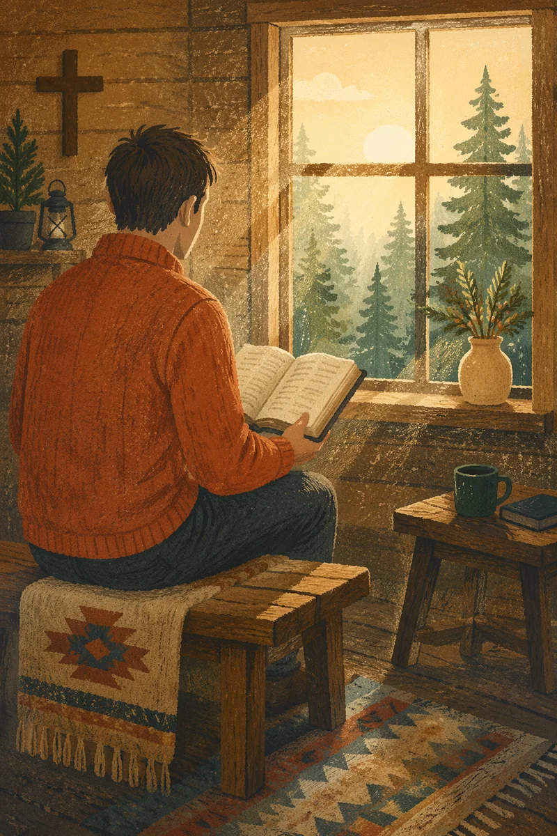 Man Reading Bible in Morning Cabin Light