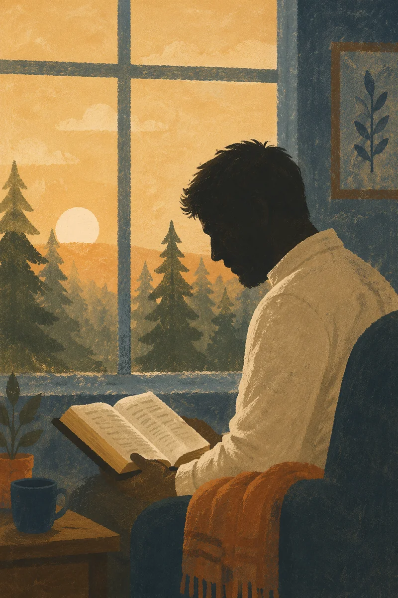 Morning Bible Devotion by Evergreen Window