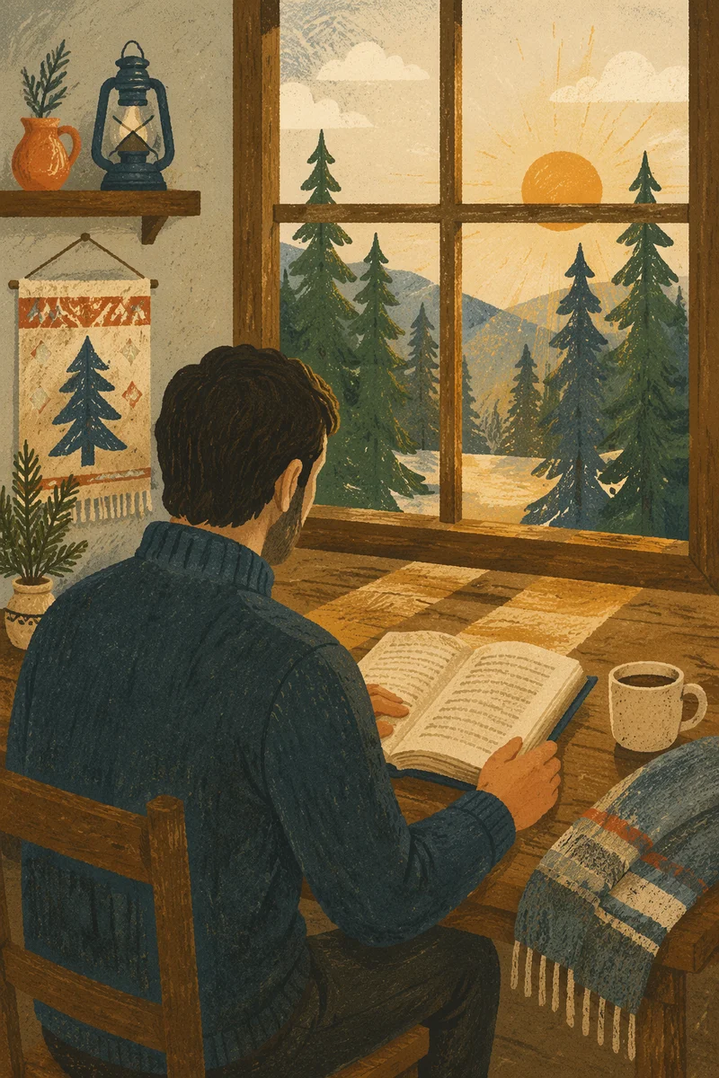 Man Reading Bible in Morning Cabin Light