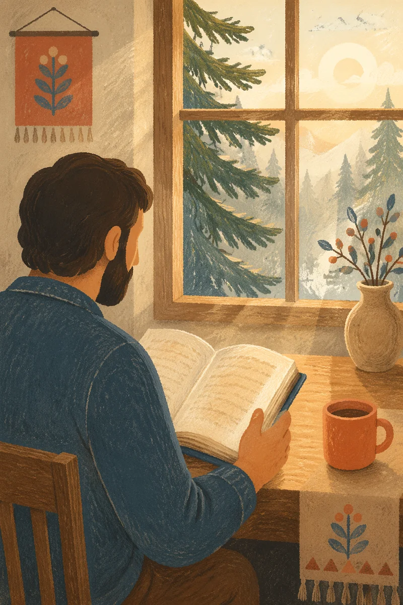 Morning Bible Reading by Evergreen Window