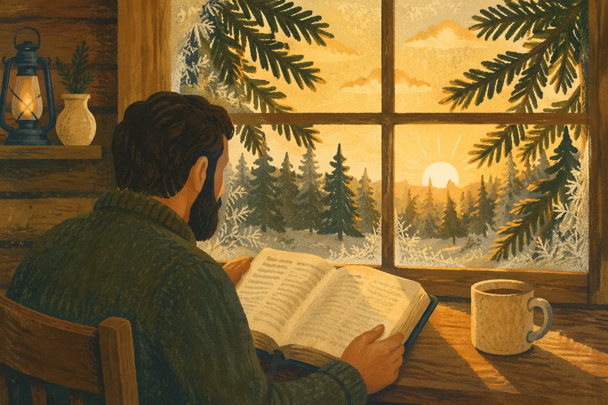 Morning Bible Reading by Evergreen Cabin Window