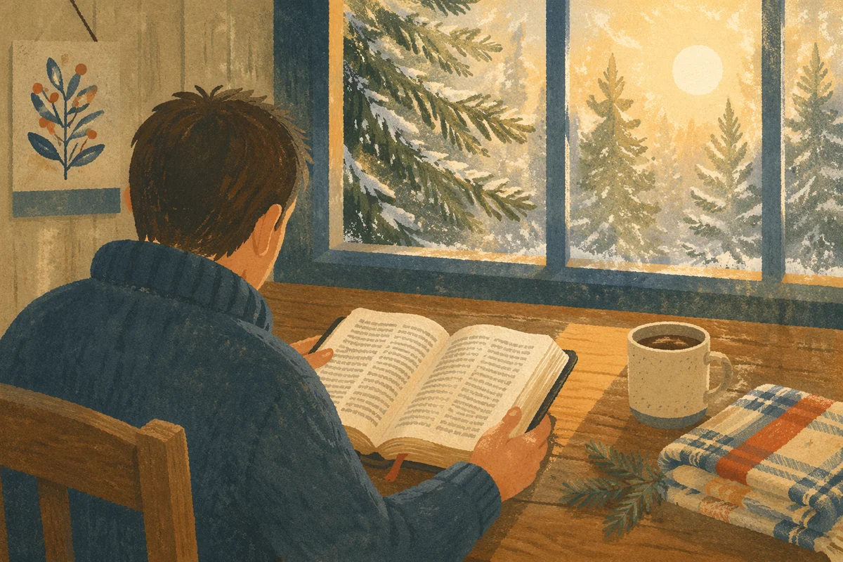Morning Bible Reading by Frosted Evergreen Window