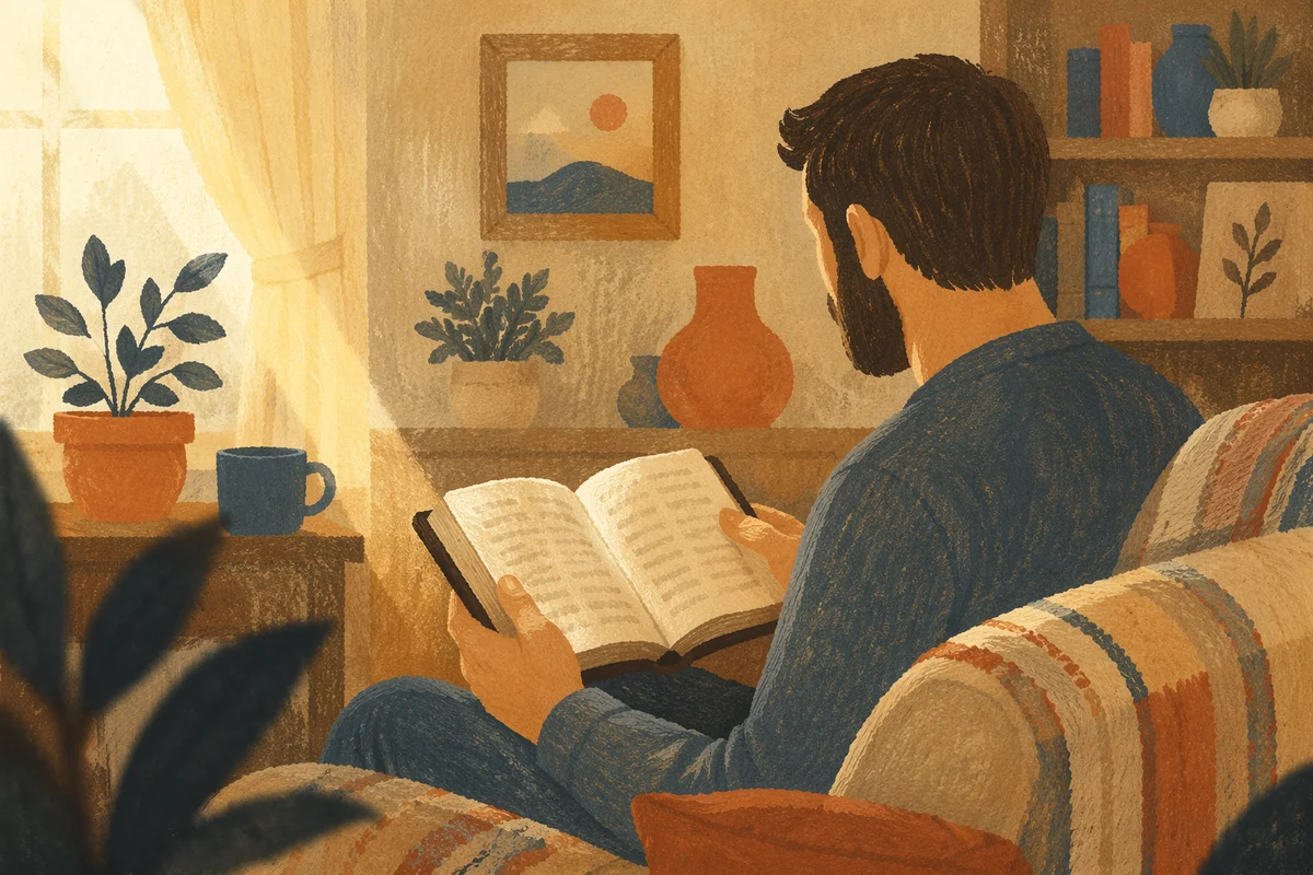 Man Reading Bible in Warm Morning Light