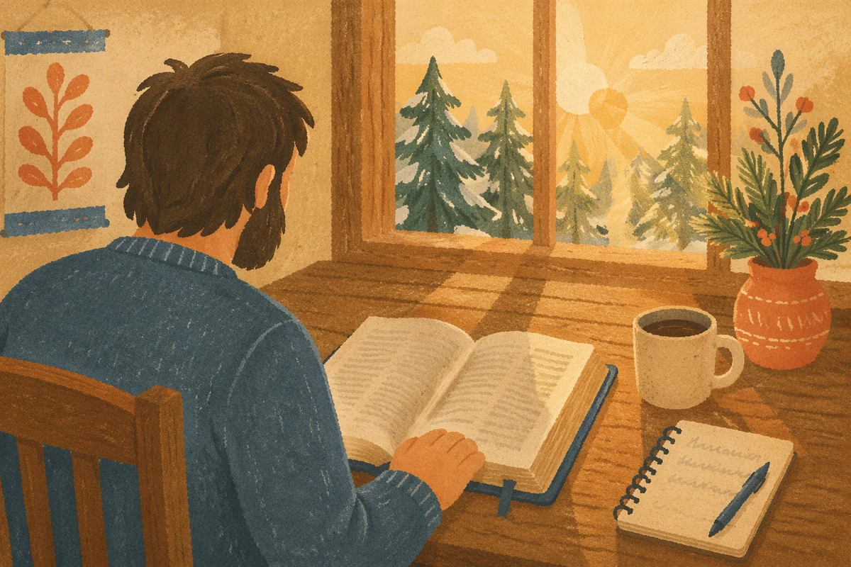 Morning Bible Devotion by Evergreen Window