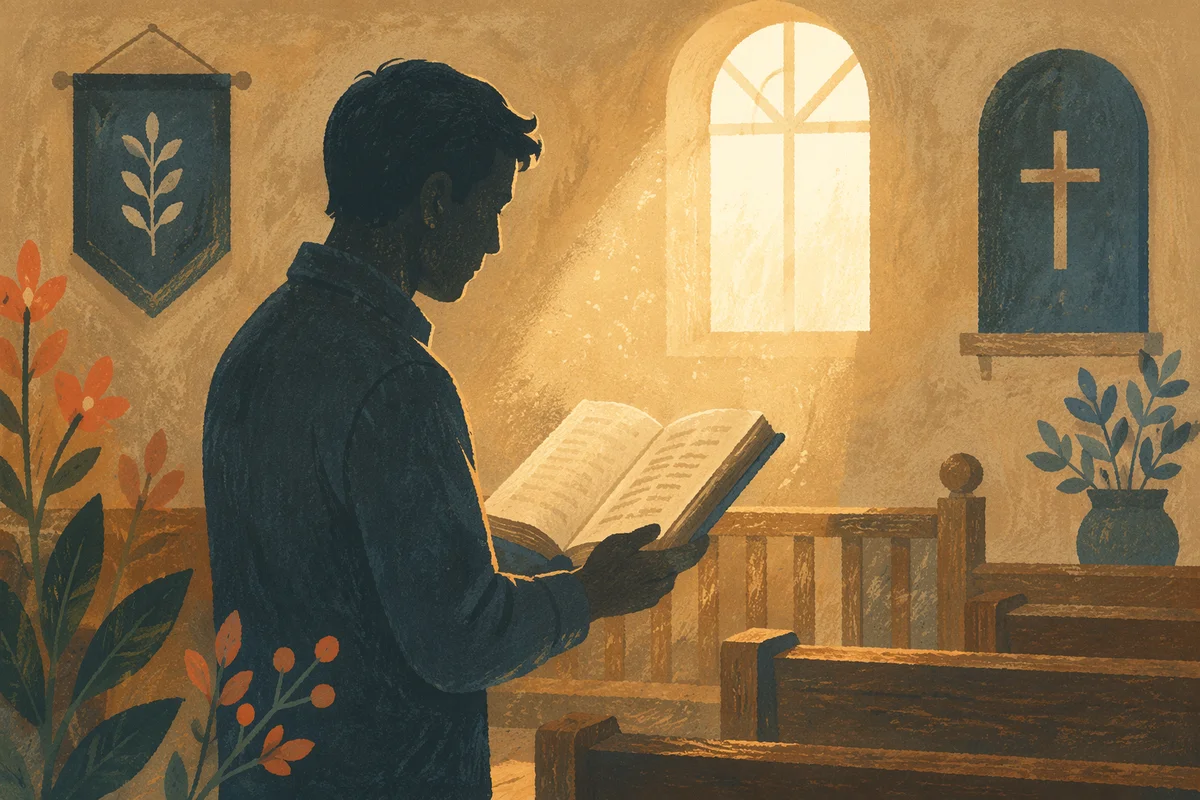 Man Reading Bible in Morning Chapel Light