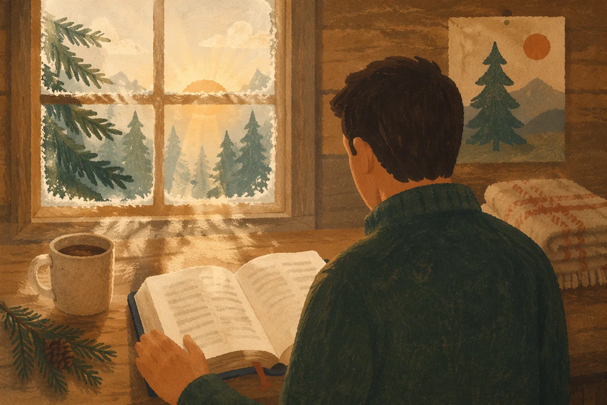 Man Reading Bible in Morning Cabin Light