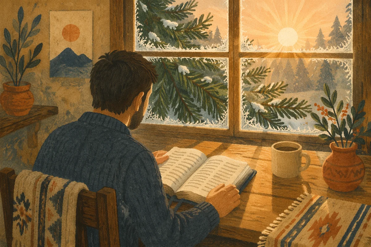 Morning Bible Reading by Evergreen Window