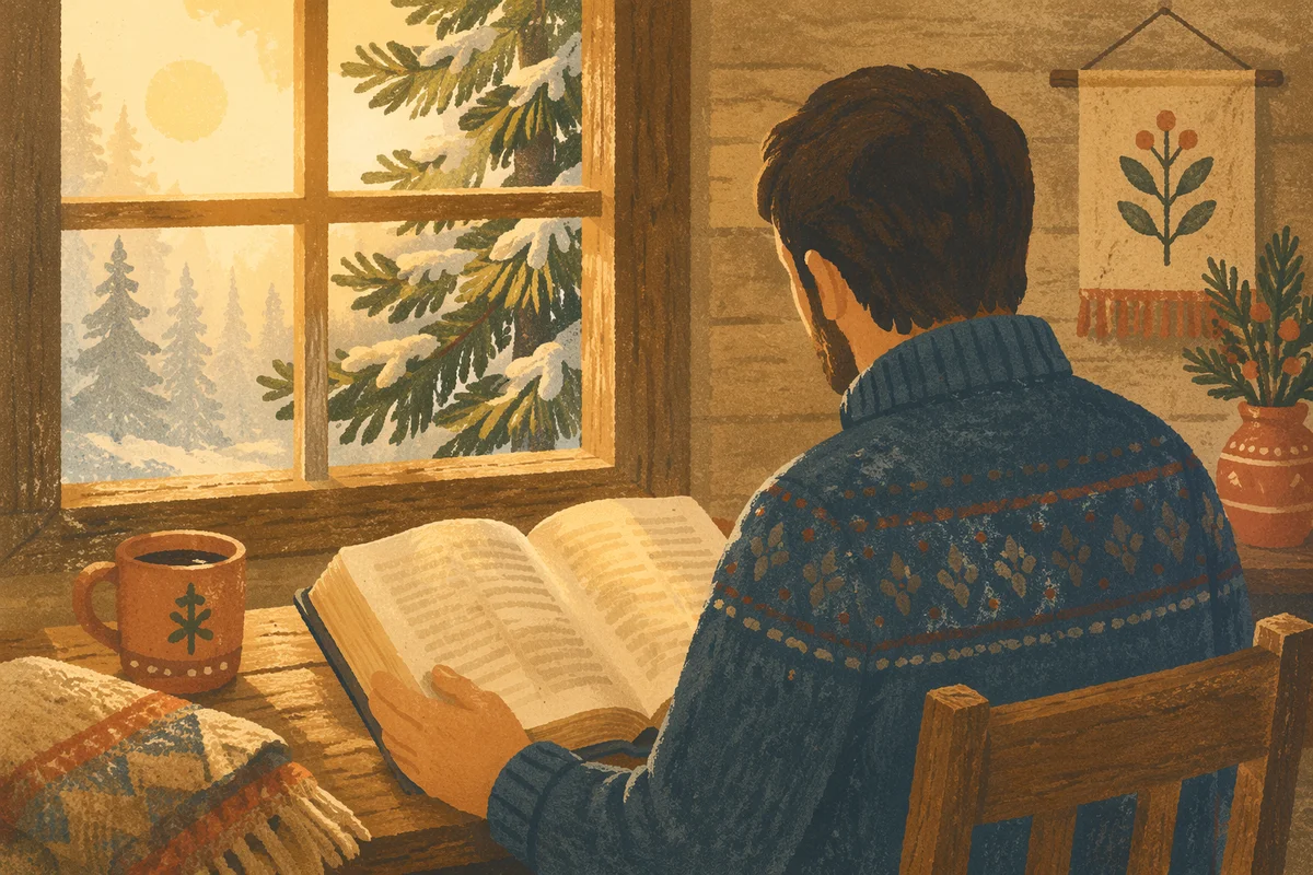 Morning Bible Reading by Evergreen Window